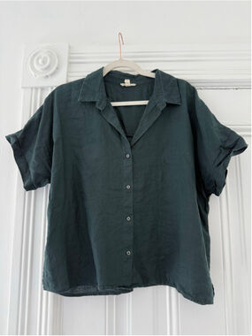 Women's Eileen Fisher Linen Button Down Shirt, Size L, Dark Green